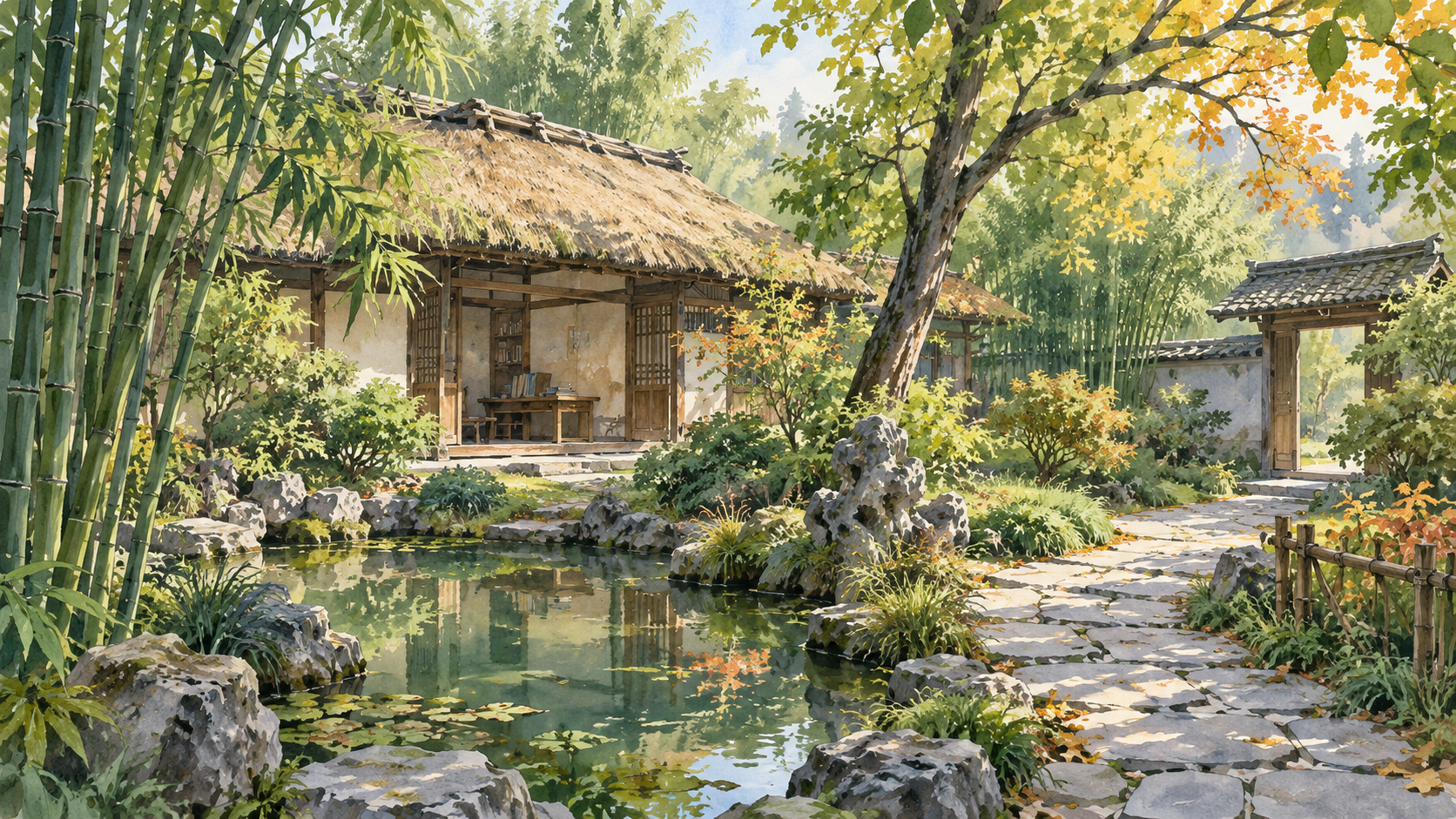 成都草堂园林水彩风景插画